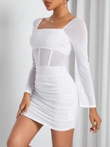 SHEIN PETITE Đầm ôm body cổ vuông phối lưới tương phản dành cho nữ - trắng - Xem 5