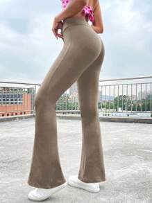 EURMUSE 純色修身喇叭褲 - 駝色 - 查看 2