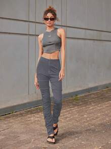 SHEIN Unity 女用褶襉拉鍊門襟長褲 - 灰色 - 查看 3