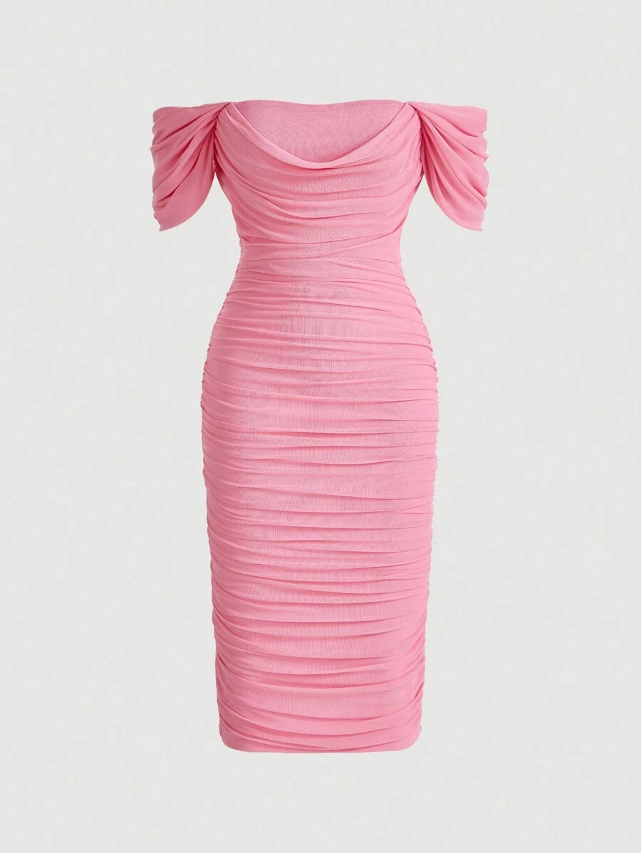 SHEIN MOD 女士露肩襯皺優雅洋裝 - 淺粉色 - 查看 1