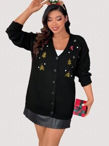 Celure Plus Christmas Star Embroidery Drop Shoulder Cardigan