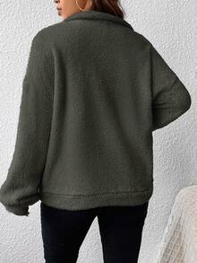 SHEIN Frenchy 大尺碼女式翻領毛絨羊毛運動衫 - 棕色 - 查看 2