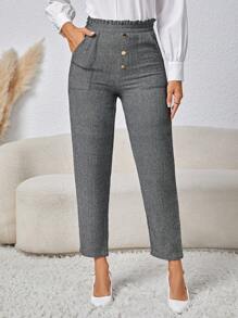 SHEIN Frenchy 女式荷葉邊雙口袋長褲 - 深灰色 - 查看 1