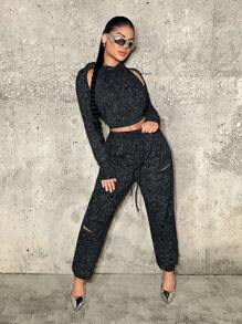 SHEIN SXY Joggers Con Cordón De Punto De Dos Tonos Para Mujer Con Detalles Desgastados Traje De Cumpleaños Ropa De Mujer De Primavera Vestido De Fiesta Vestido De Día De San Valentín Vestido De Noche De Cita Despedida De Soltera Trajes Sexy Club