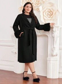 Modelyn Plus Fuzzy Cuff Belted Overcoat - Black - View 3
