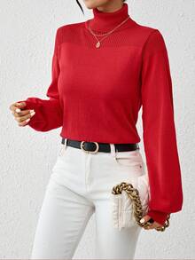 SHEIN Essnce 女式高領燈籠袖毛衣 - 紅色 - 查看 6