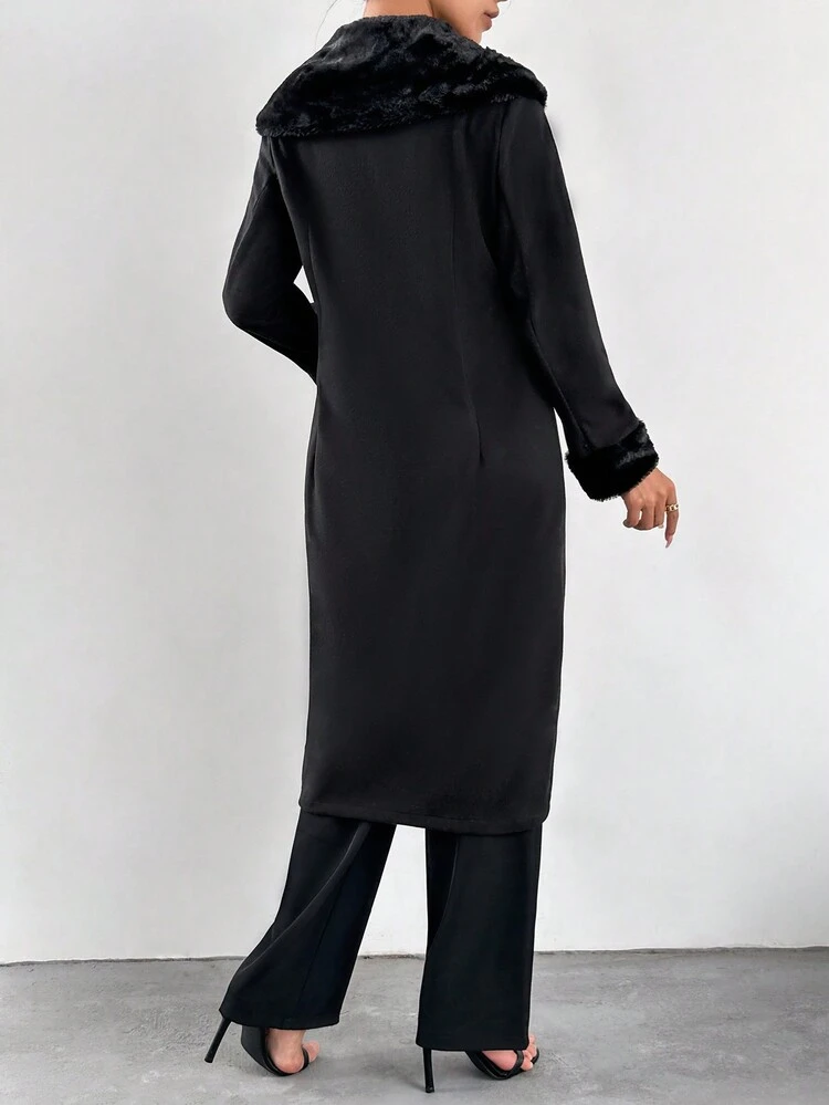 Patchwork Woolen Coat With Fur Collar, Long Style