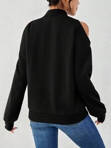 SHEIN Essnce Áo len cổ đứng hở vai dành cho nữ - màu đen - Xem 2