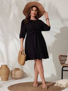 SHEIN VCAY Plus Size Round Neck Lantern Sleeve Dress With Belt