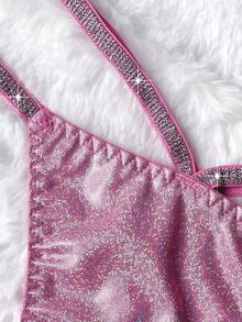 大尺寸女士鑲有亮片裝飾的閃亮空心t型褲 - 粉色 - 查看 3