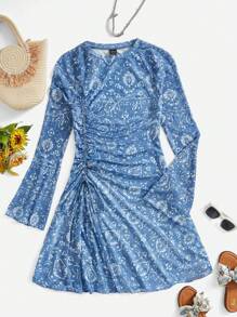 SHEIN VCAY Floral Printed Drawstring Bell Sleeve Women's Dress - Black - View 1