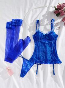 Classic Sexy Floral Lace Frill Trim Underwire Garter Corset Bustier Set With 1pair Stocking, Lingerie Set