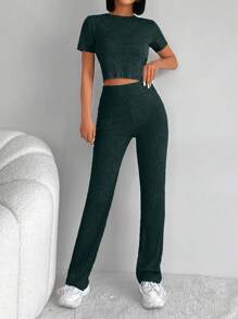 Set Da Due Pezzi A Coste Tinta Unita - Verde Scuro - Visualizzare 3