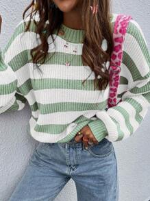 SoleilVie 女士条纹落肩毛衣、长袖上衣 - 彩色 - 查看 3