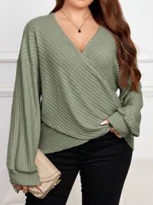 SHEIN Frenchy Plus Size Solid Color Cross Wrap Drop Shoulder T-Shirt - Dark Green - View 1