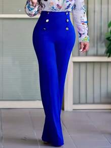 Women's Plus Size Elegant Slim Fit Distinctive Double-Breasted Long Pants - 藍色 - 查看 1