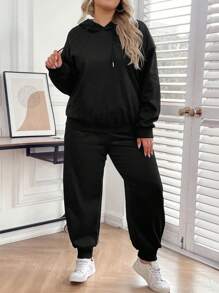 SHEIN LUNE Women's Plus Size Solid Color Drawstring Hoodie And Sweatpants Set - Black - View 1