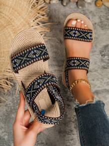 女式 2025 经典简约优雅性感露趾一脚蹬平底凉鞋，时尚户外沙滩度假防滑耐用女士平底凉鞋，春夏秋季 - 黑色 - 查看 1