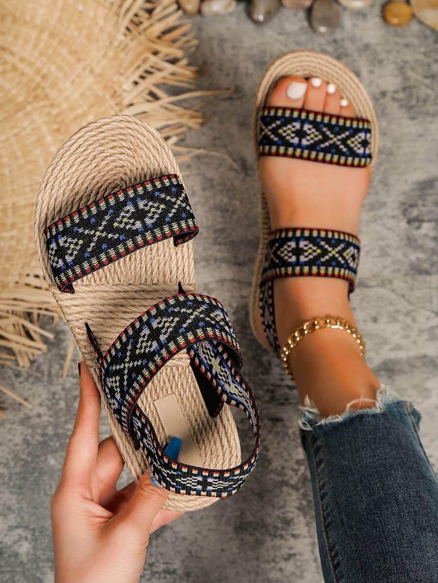 女式 2025 经典简约优雅性感露趾一脚蹬平底凉鞋，时尚户外沙滩度假防滑耐用女士平底凉鞋，春夏秋季 - 黑色 - 查看 1