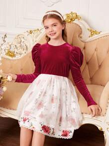 SHEIN Girls' Knit Plain Short Plush Round Neck Elegant Dress