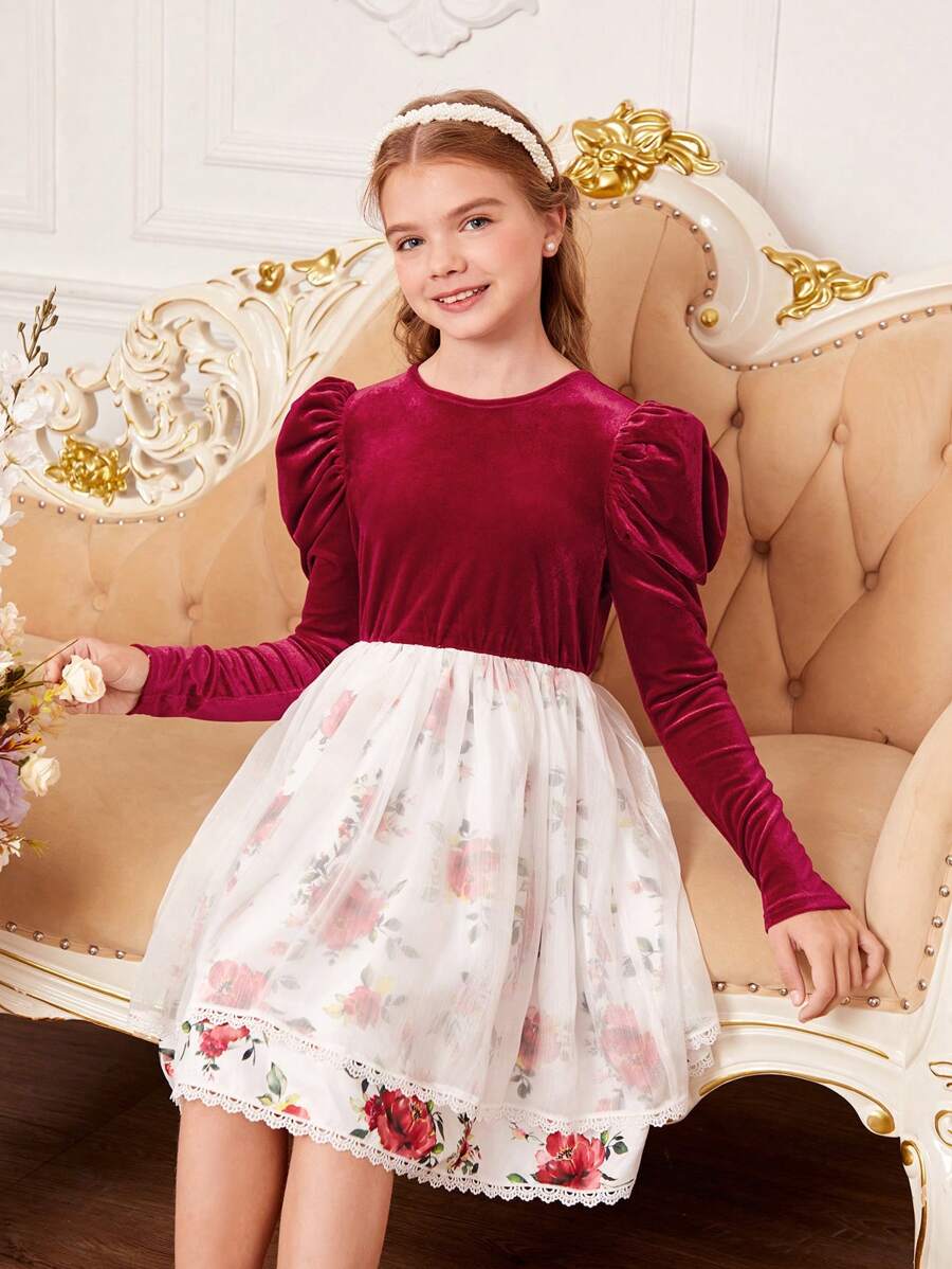 SHEIN Girls' Knit Plain Short Plush Round Neck Elegant Dress