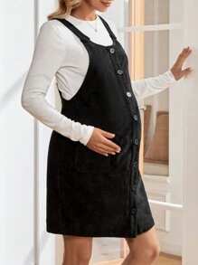 SHEIN Maternity Corduroy Nursing Overall Dress - Black - View 3