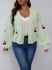 SHEIN Franclia Women's Plus Size Cherry Print Cardigan With Open Front - Mint Green - View 5