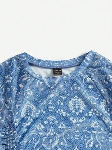 SHEIN VCAY Floral Printed Drawstring Bell Sleeve Women's Dress - Black - View 4