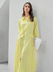 Anewsta Ladies' Plain Color Shirt Dress - Yellow - View 1