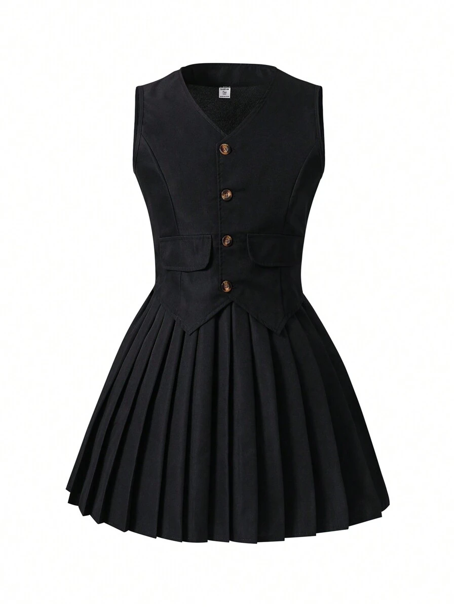 少女單排釦背心與百褶短裙套裝 - 黑色 - 查看 1