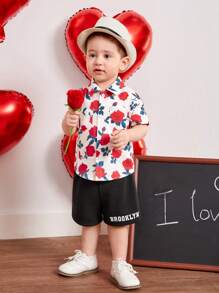 SHEIN Baby Boys' Casual Rose Pattern Short Sleeve Shirt And Shorts Set - Multicolor - View 6