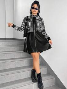 SHEIN Privé Kích thước lớn In Houndstooth Vá lại Dây kéo mặt trước Đầm - Đen và trắng - Xem 3