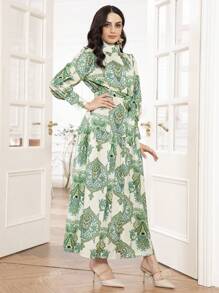 Elegant Stand Collar Floral Printed Shirt Dress With Belt For Women, Arabian Style