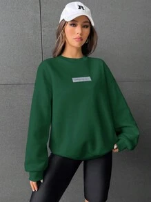 SHEIN EZwear Women's Knitted Round Neck Sweatshirt - Dark Green - View 4