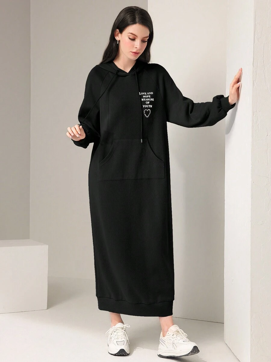 Mulvari Women's Letter & Heart Printed Hooded Sweatshirt Dress With Kangaroo Pocket And Drawstring - Black - View 1