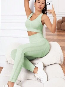 Độ co giãn Cao Liền mạch Của phụ nữ Thể thao Bộ đồ Tập thể dục Bộ - Màu xanh Bạc hà - Xem 2