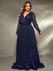 Plus Size V-Neck Wrap Long Sleeve Sequin Dress Elegant Formal Evening Prom Wedding Guest Gown, For Graduation, Dinner Party Dress - Màu xanh hải quân - Xem 5
