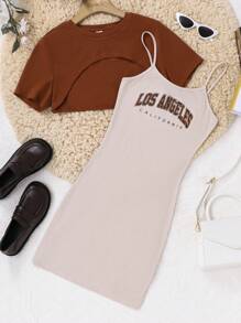 SHEIN Teen Girls' Knitted Solid Color Cardigan & Letter Print Cami Dress Set - Apricot - View 2