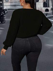 Celure 女款大尺碼前繫帶燈籠袖針織毛衣 - 黑色 - 查看 2