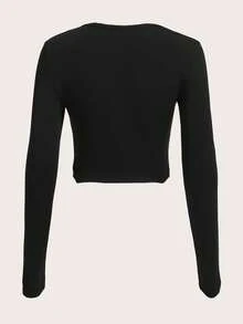 SHEIN EZwear Của phụ nữ Thon gọn Tay áo dài Áo thun Với Lá thư Và Tiền giấy Mẫu - màu đen - Xem 2