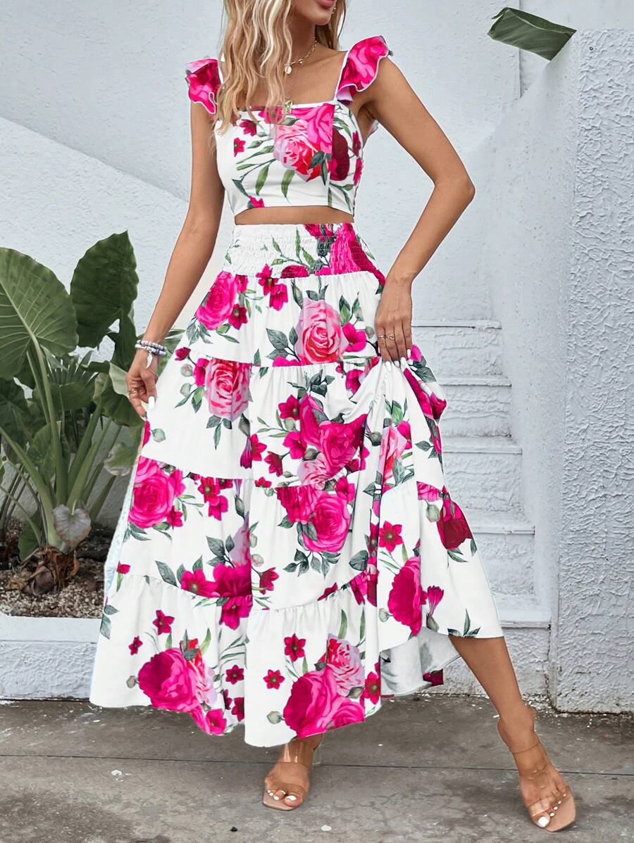 SHEIN VCAY Women's Floral Printed Cami Top And Skirt Set - Multicolor - View 1