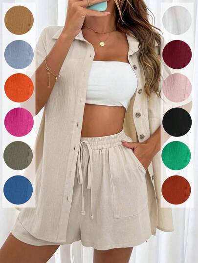 Breezaya 補丁貼口袋落肩袖襯衫和前打結短褲
