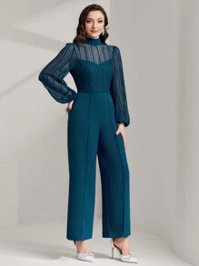 Modelyn Women's Mesh Contrast Half High Neck Lantern Sleeve Wide Leg Jumpsuit (Belt Not Included)