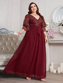Plus Size Women V-Neck Embroidery Patchwork Dress - Burgundy - View 7