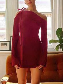 1pc Fashionable Sexy Asymmetric Neckline Women Dress