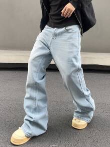 Manfinity Hypemode Men's Solid Color Wide Leg Denim Jeans With Slanted Pockets Baggy Long Washed Flare Jean Cargo Plain Light Blue Party Street Wear Rapper