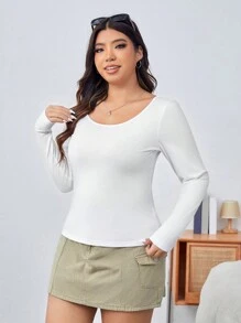 SHEIN EZwear 大尺碼圓領純色修身 T 卹 - 白色 - 查看 5