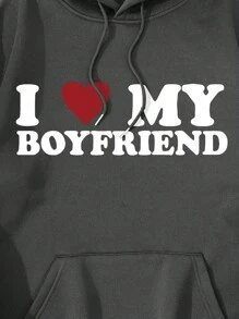 Men's Letter And Heart Print Hooded Casual Sweatshirt - Dark Grey - View 7