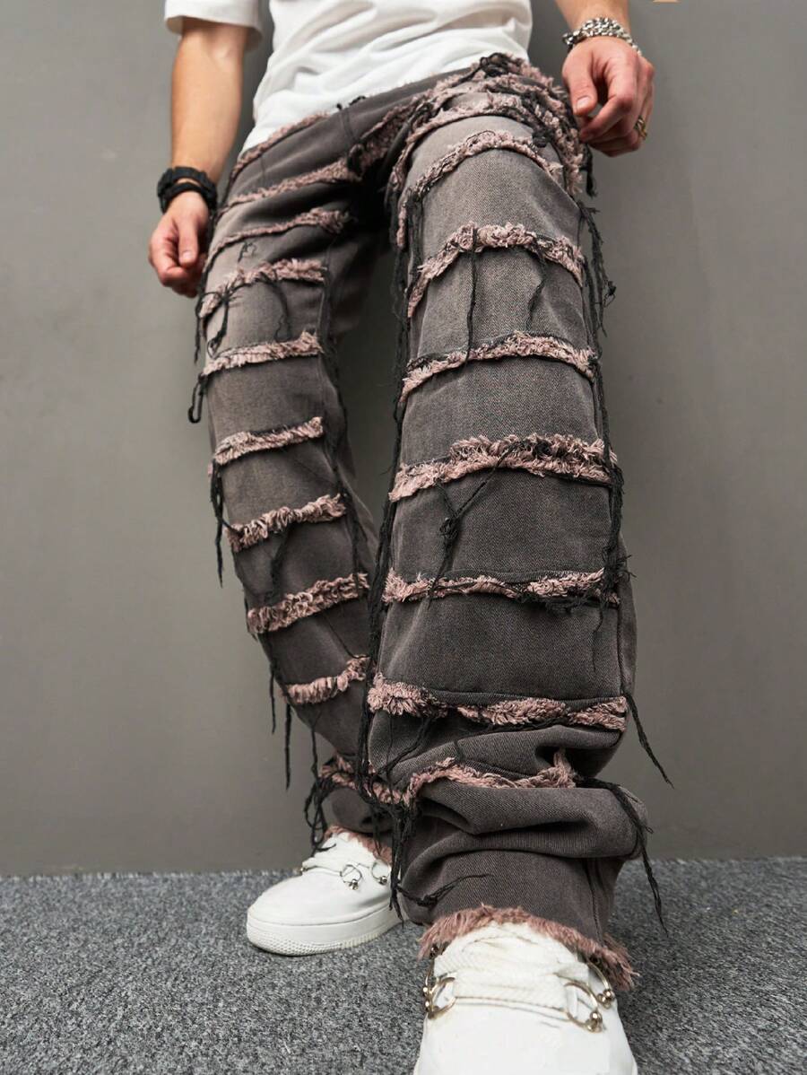 Manfinity EMRG Men Loose Raw Trim Straight Leg Jeans - Black - View 1