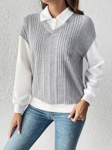 EMERY ROSE 女式拼布翻领罗纹运动衫、长袖上衣